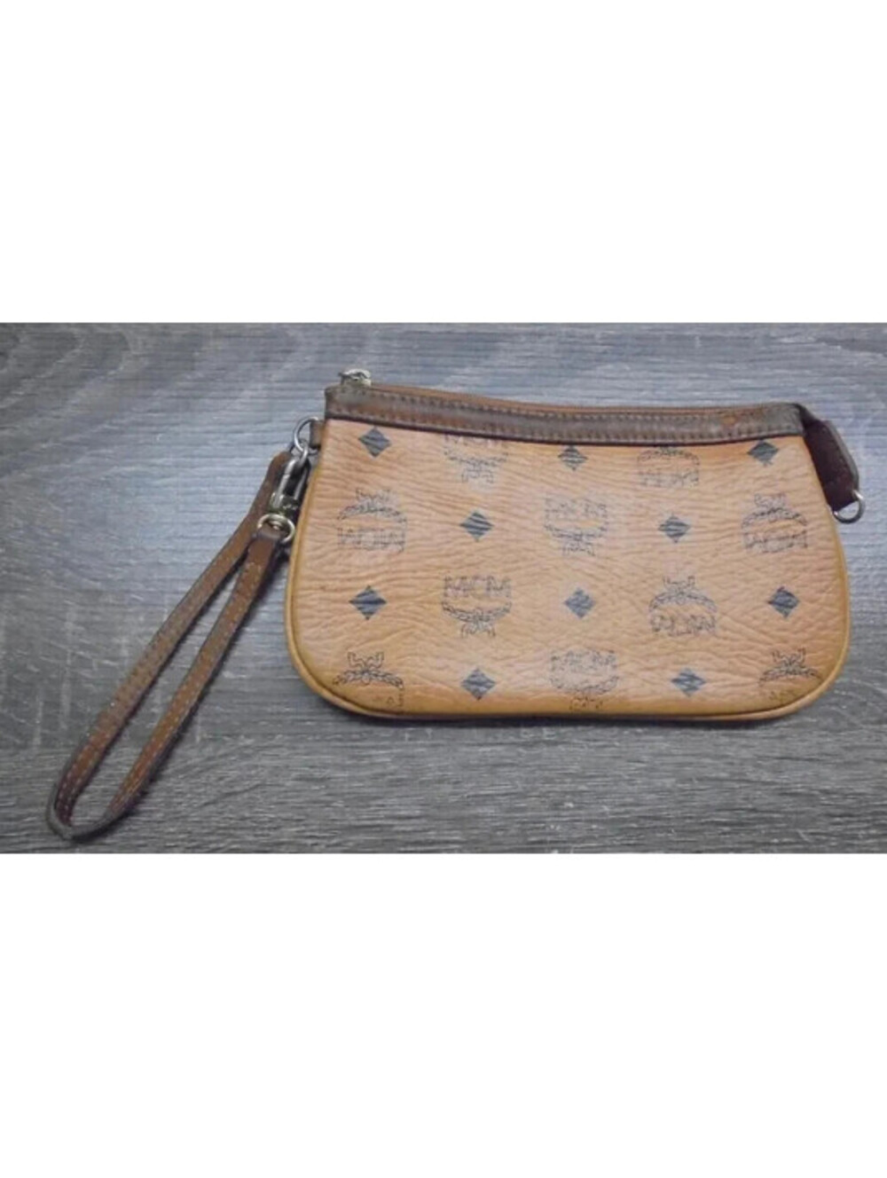 MCM monogram tan leather wristlet Authentic!